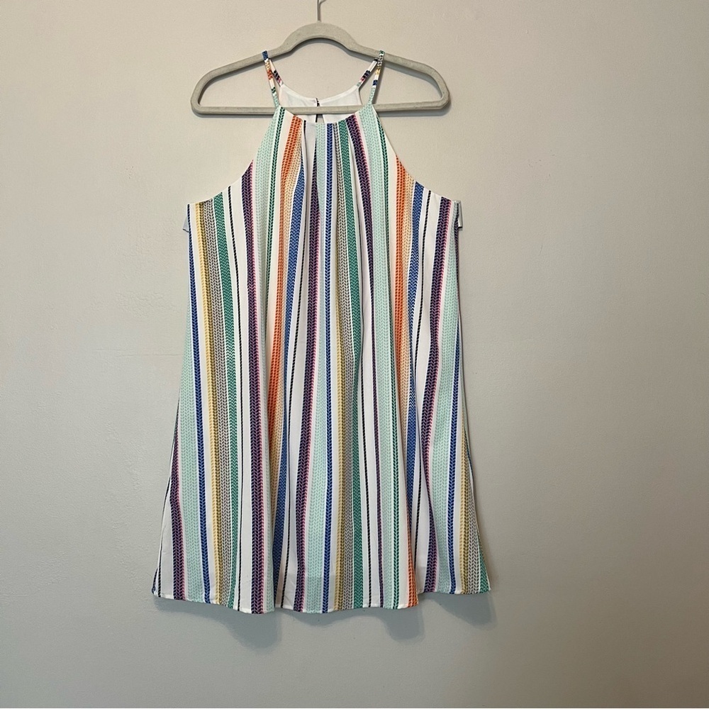Rainbow Striped Halter Midi Dress Pleated‎ Neck She & Sky S